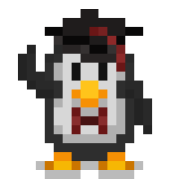 Waddle's mascot, a pixelart penguin who wears a graduation cap and a bowtie